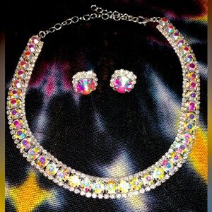 Thanks giving crystal stone aurora rainbow 🌈 glitter stone necklace earrings set